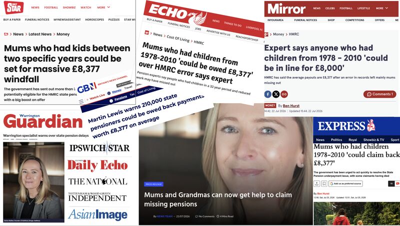 Montage of national and regional press coverage about pension claims.