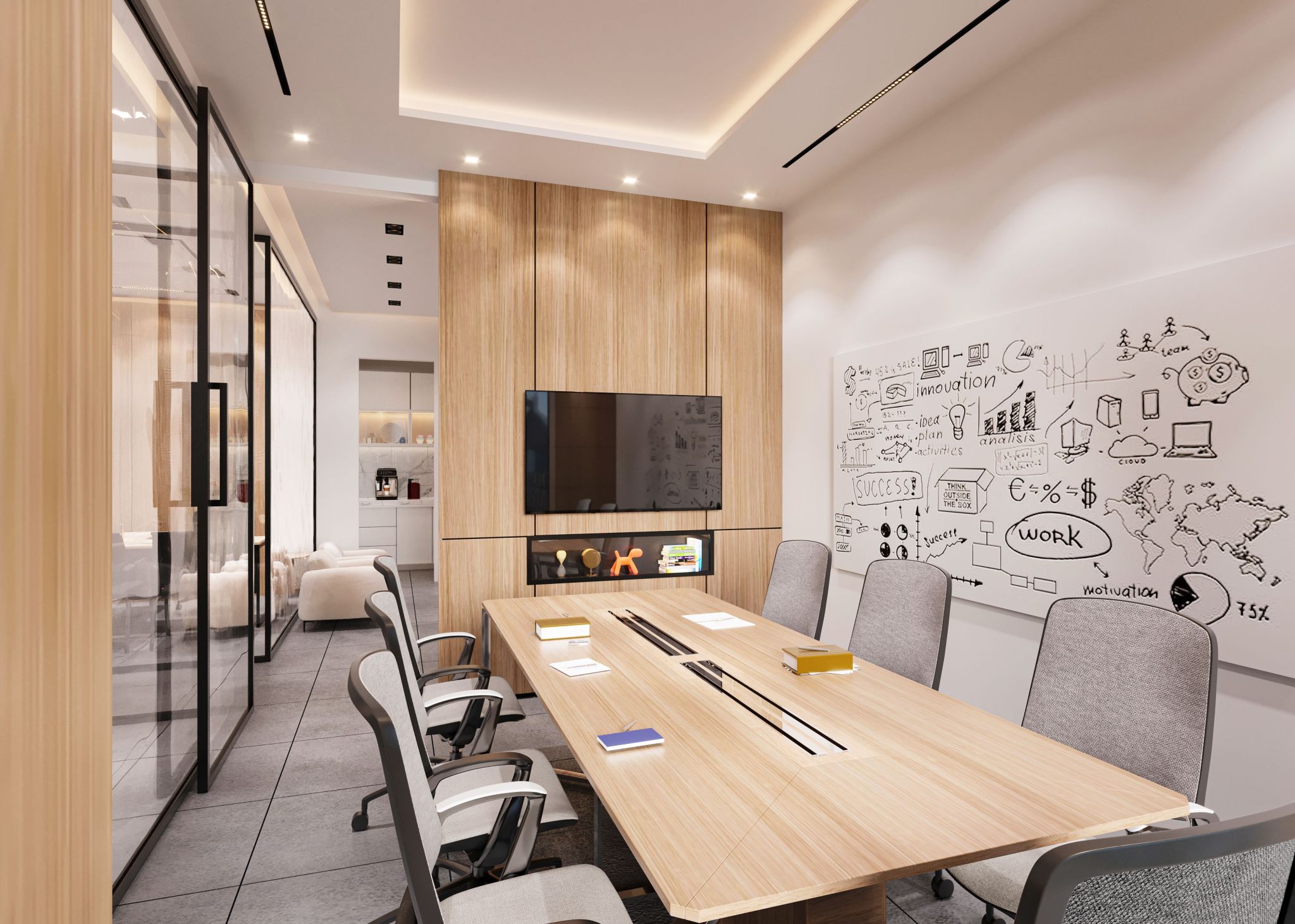 A meeting room with a boardroom table and wall illustrations.