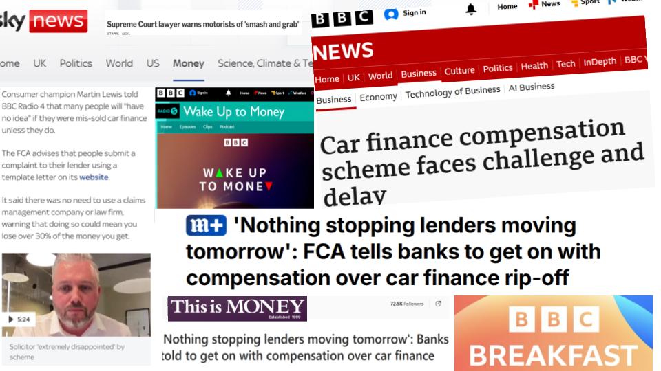 Media coverage collage about the car finance redress story.